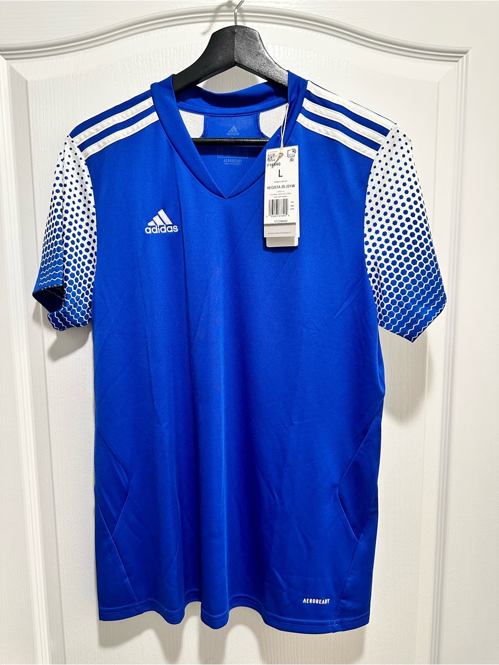 Adidas Women’s REGISTA 20 JSYW Blue and White Soccer Jersey, Size Large